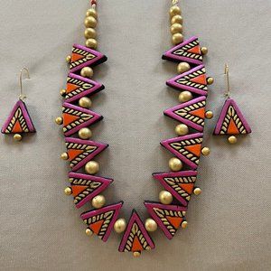 Bohemian Handmade Terracotta Necklace and Earrings Set